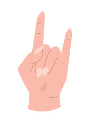 Hand pose icon. Rock, power, energy and strength. Character shows second and fifth fingers. Sticker for social networks. Emotions, reactions, moods and gestures. Cartoon flat vector illustration
