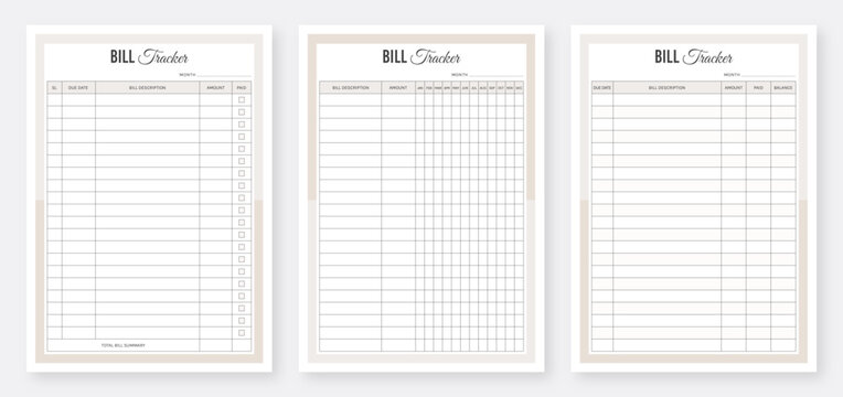 Bill Tracker Template Design. Bill Planner Design Template. Minimalist Planner Template Set. Daily Weekly Monthly Bill Tracker.
