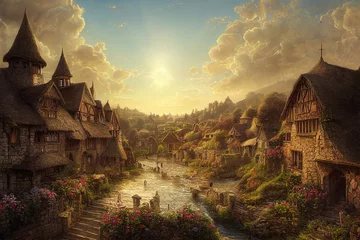 Foto op Canvas Legendary Mystery Ancient City Town in Fairytale Story Book. Fantasy Backdrop Concept Art Realistic Illustration. Video Game Background Digital Painting CG Scenery Artwork Serious Book Illustration  © info@nextmars.com