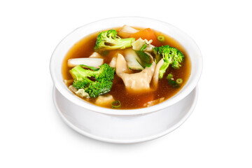 Chinese and oriental delicacy Wonton Soup with vegetable or meat filled wonton noodles and broccoli in a white dish isolated on white