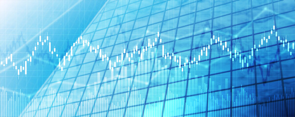 Double exposure financial chart with graph of stock market and glass window buildings background