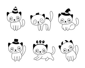 Vector set of doodle festive cute cats.Collection of childish happy cartoon kittens for halloween design,paper goods,cards,invitation.Outline.Sketch.Isolated on white background.
