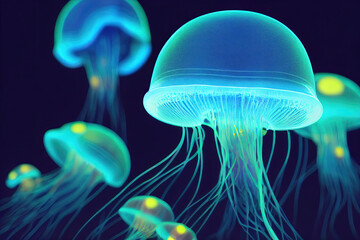 Bioluminescent jellyfish in the deep sea - obrazy, fototapety, plakaty