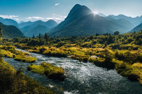 イラスト山 自然 森 川 渓流 風景