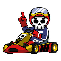Skull Racer Wearing Helmet And Costume Raises Hand After Winning Kart Race. Skull Cartoon. - obrazy, fototapety, plakaty