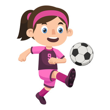 A Girl Wearing Her Jersey is Kicking a Ball During a Soccer Game. Kids Activities Illustration.