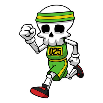 Skull Runner Wearing Headband And Costume Are Running In a Marathon. Skull Cartoon.