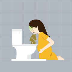 Pregnant woman sitting in the toilet bathroom vomits because of morning sickness, illustration flat cartoon - obrazy, fototapety, plakaty