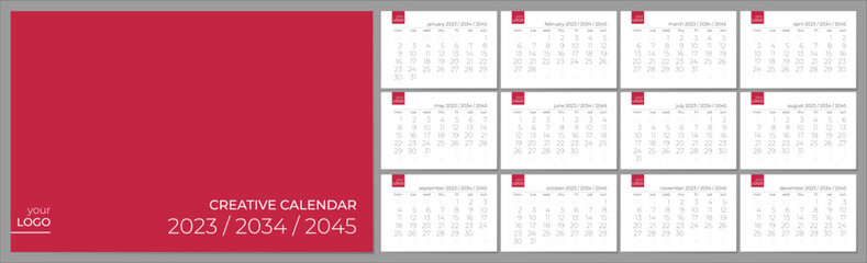 Wall creative calendar 2023 2034 2045 years. Editable vector template. Elegant grid. Week start on monday. - obrazy, fototapety, plakaty