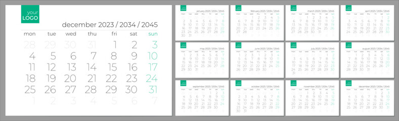 Wall creative calendar 2023 2034 2045 years. Editable vector template. Elegant grid. Week start on monday.
