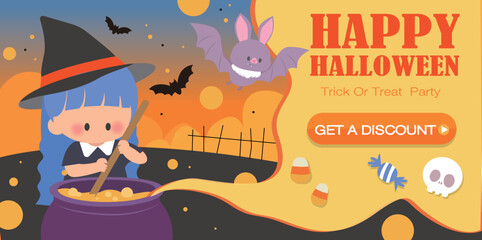 Halloween concept banner backdrop. vector flat illustration. halloween signs and symbols. trick or treat.