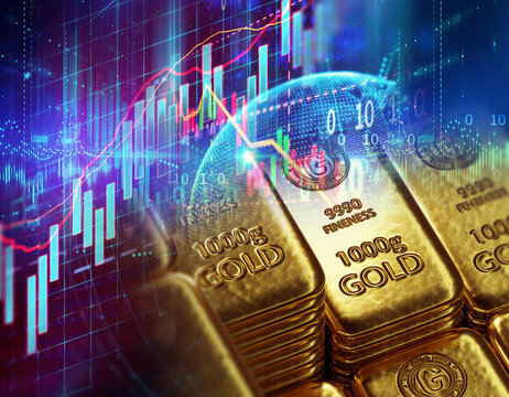 stack of  shiny gold bars on financial gold price graph  3d illustration