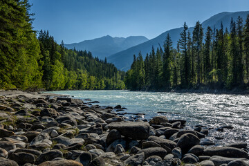 River, Trees and mountains on a sunny day