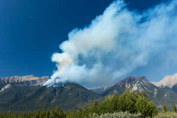 Forest wildfire and smoke on the side of a mountain