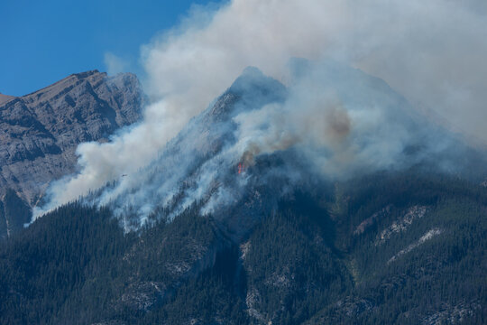 Forest wildfire and smoke on the side of a mountain