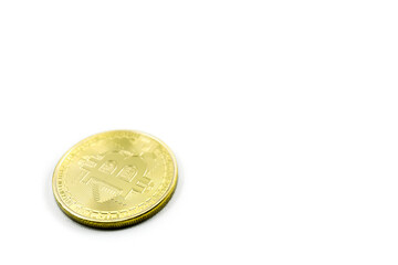 gold coins with bitcoin symbol in lower left corner isolated on white background