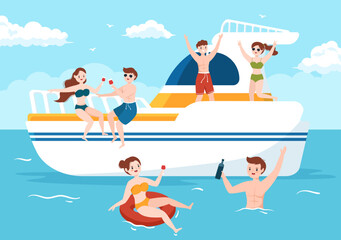 Yachts Template Hand Drawn Cartoon Flat Illustration with People Dancing, Sunbathing, Drinking Cocktails and Relaxing on Cruise Yacht at Ocean