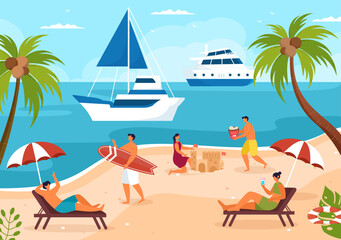 Yachts Template Hand Drawn Cartoon Flat Illustration with People Dancing, Sunbathing, Drinking Cocktails and Relaxing on Cruise Yacht at Ocean