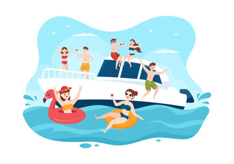 Yachts Template Hand Drawn Cartoon Flat Illustration with People Dancing, Sunbathing, Drinking Cocktails and Relaxing on Cruise Yacht at Ocean