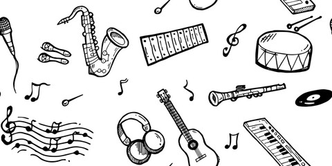 Musical instruments and music for playing live music. Rectangle seamless pattern. Outline hand drawn sketch. Drawing with ink. Isolated on white background. Vector.