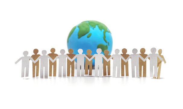 Unity Together To Save The World. Paper Dolls With Diverse People Symbol Holding Hands Stand In Front Of The Globe. Volunteer And Teamwork Joining For Save The Environment. Earth Day Concept.