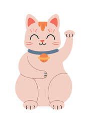 Japanese cat toy icon. Pet raises its paw up. Gift or surprise. Sticker for social networks. Toy or mascot for children in Asian style. Culture and traditions. Cartoon flat vector illustration