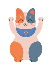 Japanese cat toy icon. Multicolored pet raises its paws up, positive and friendly kitten. Ceramic or clay toy in Asian style for kids. Culture and traditions. Cartoon flat vector illustration