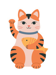 Japanese cat toy icon. Orange black kitten with fish in paw. Toy or mascot, gift, present or surprise. Poster or banner for website, stickers for social networks. Cartoon flat vector illustration