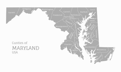 Obraz premium Counties of Maryland, gray map of US state. Highly detailed administrative map of Maryland with territory borders and county names labeled realistic vector illustration