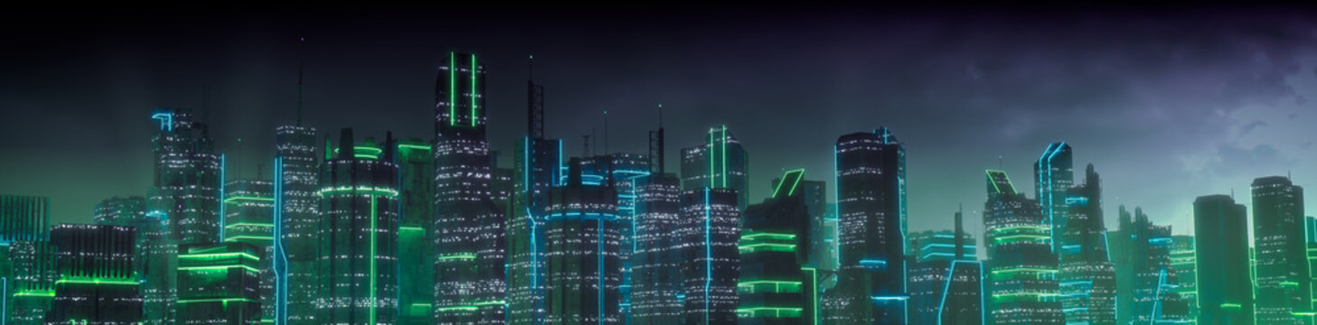 Cyberpunk Metropolis with Green and Blue Neon lights. Night scene with Advanced Superstructures.