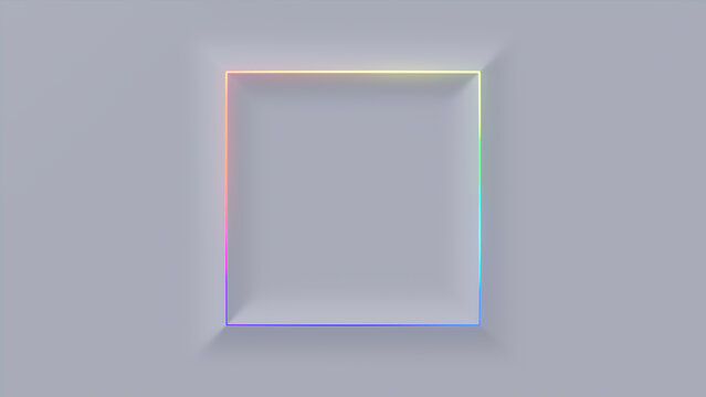 Minimalist Tech Background with Raised Square and Rainbow Illuminated Trim. White Surface with Embossed 3D Shape. 3D Render.