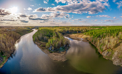 Confluence of the Iset and Kamenka rivers in the city Kamensk-Uralskiy. Iset and Kamenka rivers, Kamensk-Uralskiy, Sverdlovsk region, Ural mountains, Russia. Aerial view