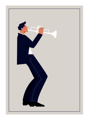 Fototapeta premium Jazz trumpeter poster. Young guy in suit plays trumpet. Musicians perform on stage, play song, music. Creative personality, creativity and art. Festive and event. Cartoon flat vector illustration