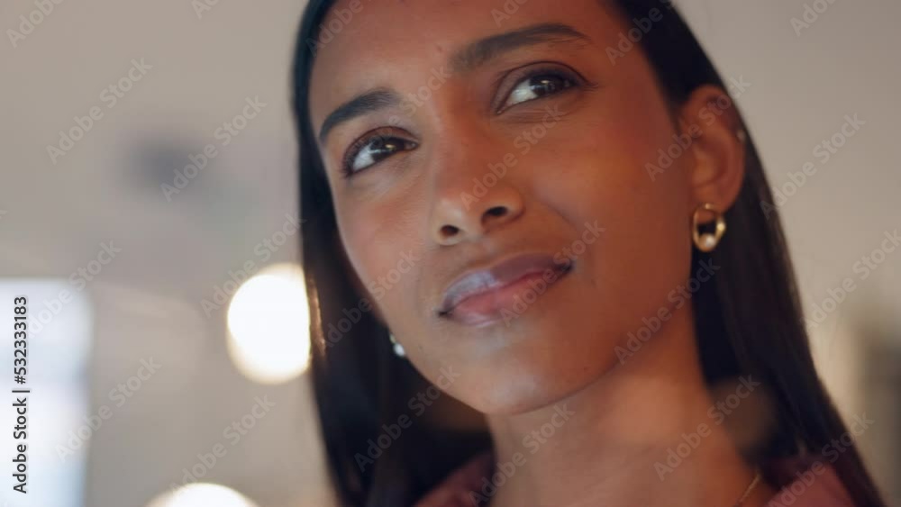 Poster Tablet planning, business and woman thinking of seo idea, web design strategy and idea for email on the internet at work. Face of confused Indian worker working in analytics on tech at startup
