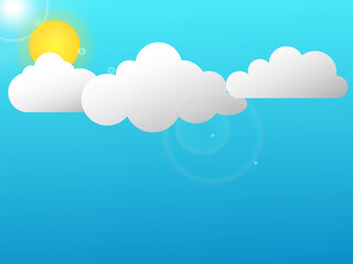 Illustration of the Sun on a cloud background Horizontal volumetric cloudscape background.  Banner with 3d clouds in blue sky