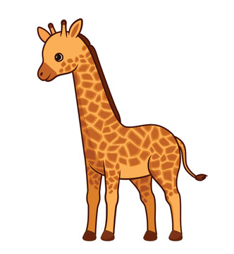 Jungle giraffe character. Tall animal with large neck and spotted coloring. Graphic element for printing on fabric. Wild life, nature, mammal and African fauna. Cartoon flat vector illustration