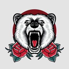 the polar bear head angry expression with a roses illustration