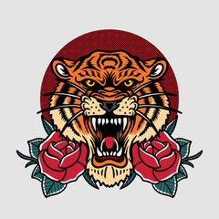 the tiger head angry expression with a roses illustration