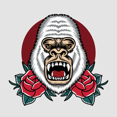 Fototapeta premium the white gorilla head angry expression with a roses illustration