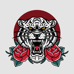 the white tiger head angry expression with a roses illustration