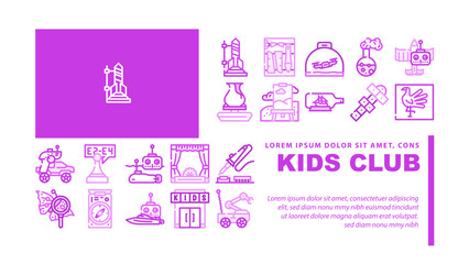 Kids Club Hobby Funny Occupation landing web page header vector. Street Games And Sport Tourism, Theatrical Chemistry Children Club Air Simulation And Radio Controlled Car Sections Color Illustrations