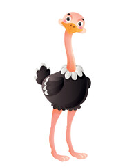 Fototapeta premium Jungle ostrich icon. Black bird on big pink legs. Tropical animals, Savannah and wild life. Social media sticker, label for kids abgs and notebooks. Toy or mascot. Cartoon flat vector illustration