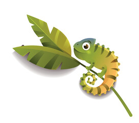Jungle chameleon icon. Animal that changes color on green branch. Camouflage and stealth. Lizard, living life and African fauna. Poster or banner for website. Cartoon flat vector illustration © Rudzhan