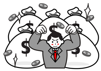 ドル袋を背にした逞しいビジネスマン