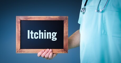 Itching (pruritus). Doctor shows sign/board with wooden frame. Background blue