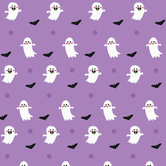 Vector seamless Halloween ghost pattern background spooky evil devil and flying bats. doodle illustration gift wrapping paper design illustration.