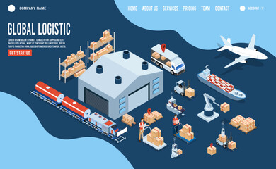 3D isometric Smart logistics concept with Warehouse Logistic, Workers loading products, transportation truck use wireless technoloty. Eps10 vector illustration