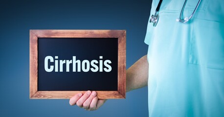 Cirrhosis. Doctor shows sign/board with wooden frame. Background blue