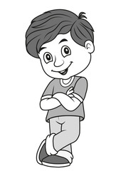 Niño, apoyado a la pared, alegre, contento, niños de pie, dibujo, caricatura