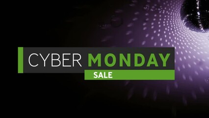 Animation of cyber monday sale text over light spots and disco ball on black background - Powered by Adobe